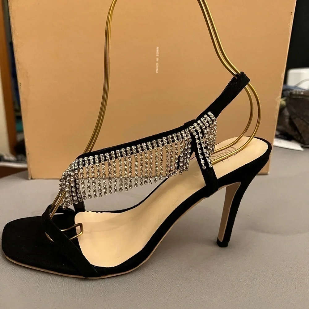 Adika Black Rhinestone Fringe Strappy Sandals 8